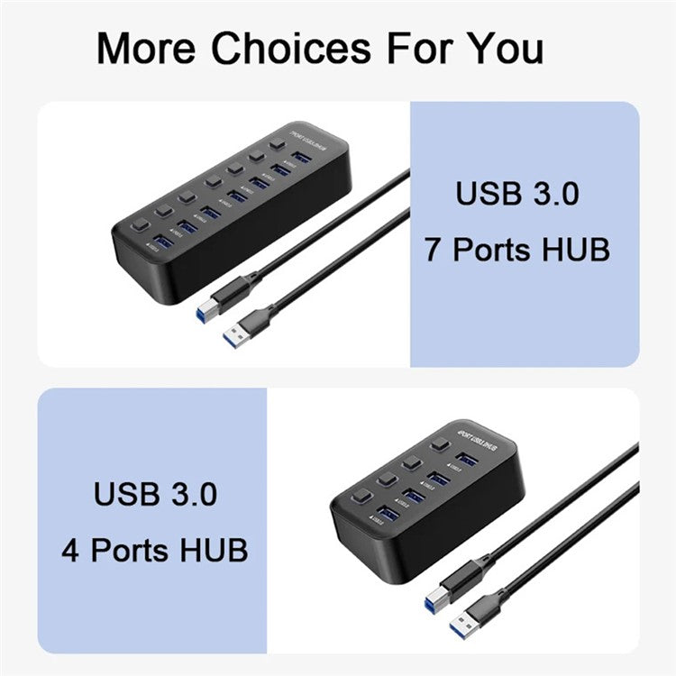U307 7-Port USB 3.0 Hub Splitter without LED Lights with Individual On / Off Switches for PC / Smart TV