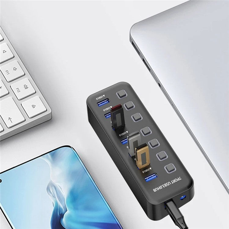 U307 7-Port USB 3.0 Hub Splitter without LED Lights with Individual On / Off Switches for PC / Smart TV