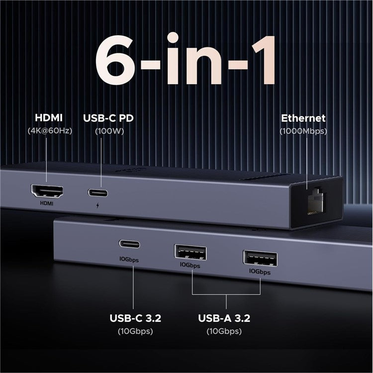 UGREEN 45364 6-in-1 USB-C Hub Gigabit Ethernet 4K 60Hz HD 100W PD Charging 10Gbps Data Transfer Adapter