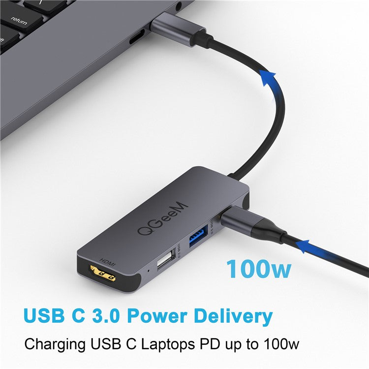 QGEEM UH04-1 USB C Hub to 4K Resolution HD Video+USB 3.0+100W PD Charger+USB 2.0 Adapter for MacBook Pro 2019/2018 and Other Type-C Devices