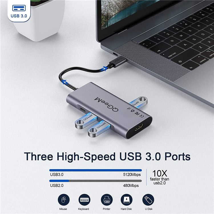 QGEEM QG-UH07-3 7-in-1 Type-C Docking Station Multi-Port USB-C Hub Support HD Compatible Chromebook Thunderbolt 3