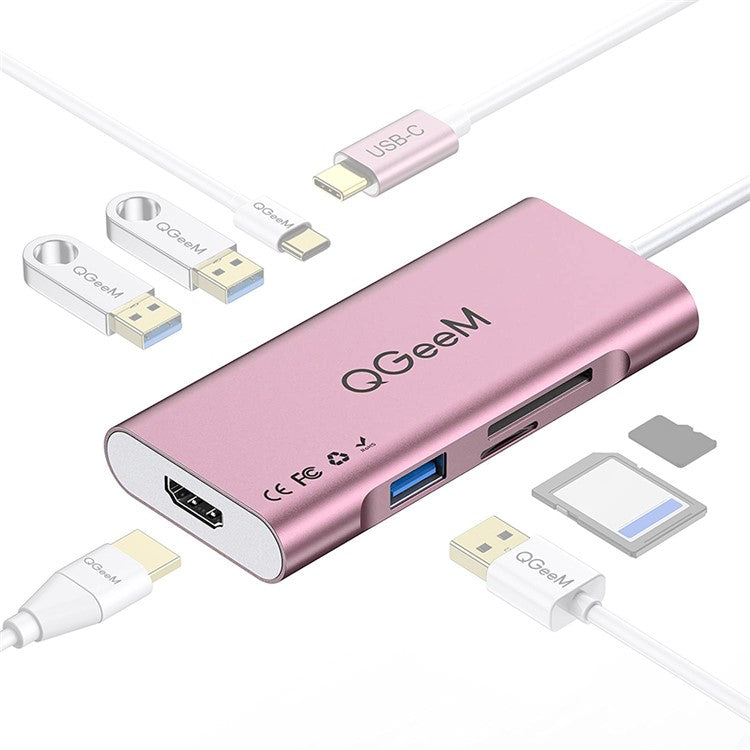 QGEEM QG-UH07-6 Multi-functional USB-C Hub 7 in 1 Type-C Docking Station Support HD 4K PD100W SD/TF Card Reader