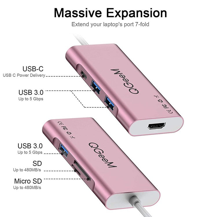 QGEEM QG-UH07-6 Multi-functional USB-C Hub 7 in 1 Type-C Docking Station Support HD 4K PD100W SD/TF Card Reader
