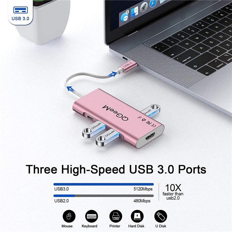 QGEEM QG-UH07-6 Multi-functional USB-C Hub 7 in 1 Type-C Docking Station Support HD 4K PD100W SD/TF Card Reader