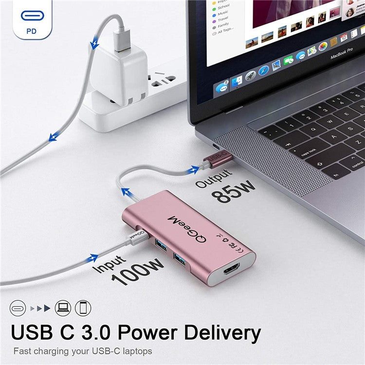 QGEEM QG-UH07-6 Multi-functional USB-C Hub 7 in 1 Type-C Docking Station Support HD 4K PD100W SD/TF Card Reader