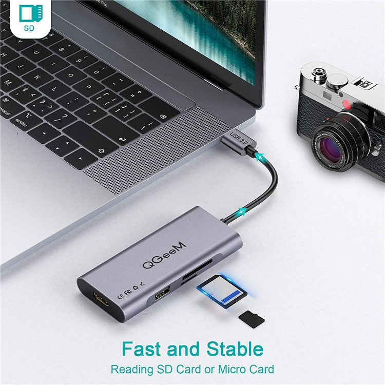 QGEEM QG-UH07-A 7-in-1 USB A Docking Station Multi-Port USB 3.0 Hub Supports HD/SD/TF Compatible with Chromebook Thunderbolt 3