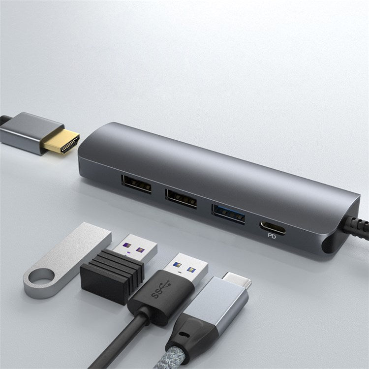 5 in 1 Type C Hub with 4K HD Output USB 3.0 + 2x USB 2.0 Port Support 100W PD Charging
