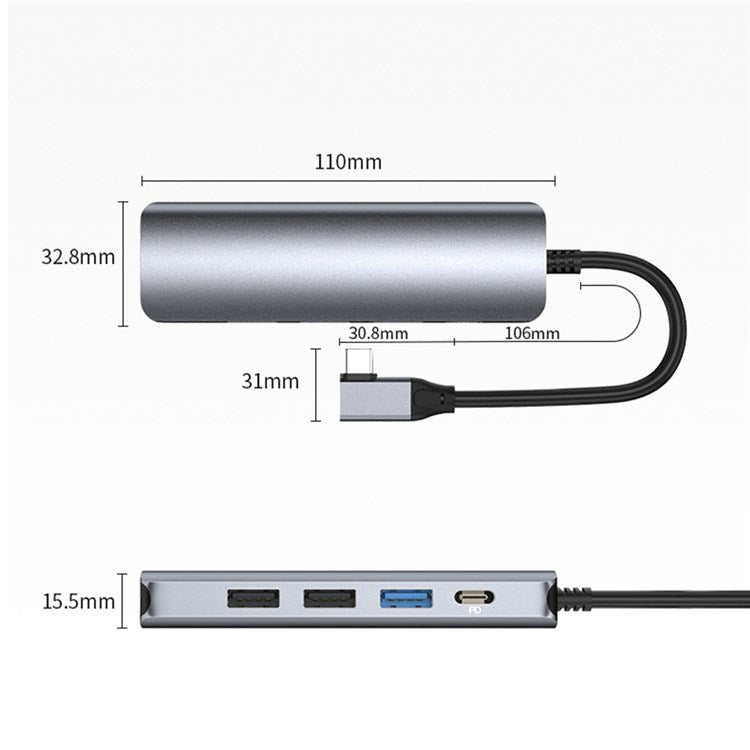 5 in 1 Type C Hub with 4K HD Output USB 3.0 + 2x USB 2.0 Port Support 100W PD Charging