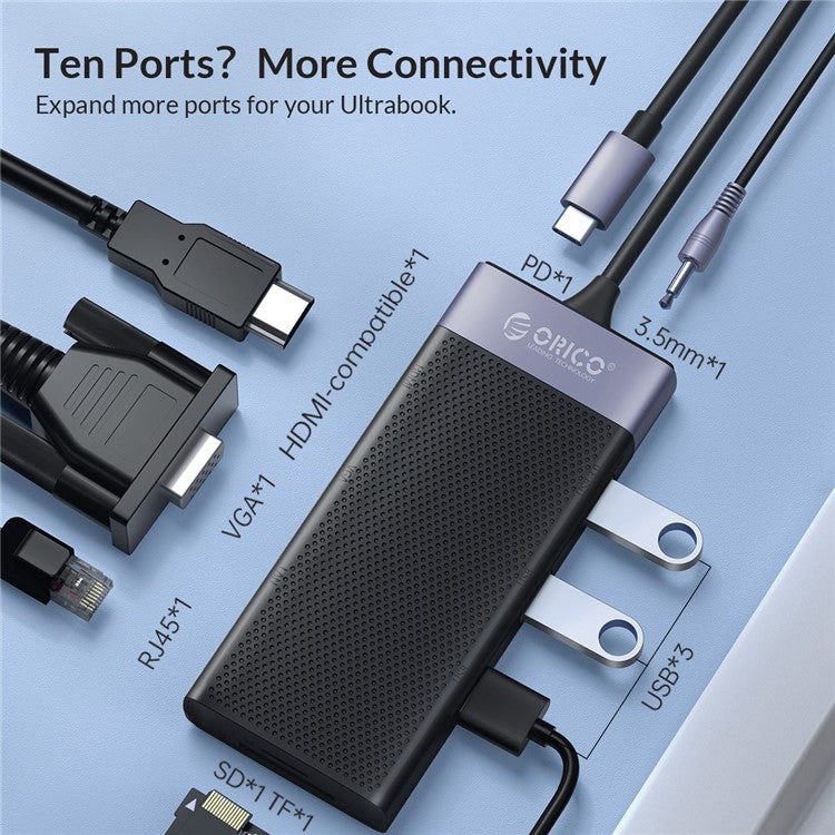ORICO MDK-10P 10 in 1 Type C USB 3.0 HUB Dock Station to HD-compatible RJ45 PD SD Reader Charger Power Adapter for Laptop MacBook Pro Splitter