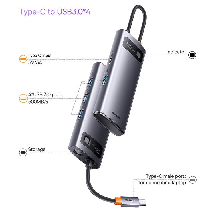 BASEUS Metal Gleam Series 4-in-1 Multifunctional USB C Docking Station Type C Hub to 4xUSB 3.0