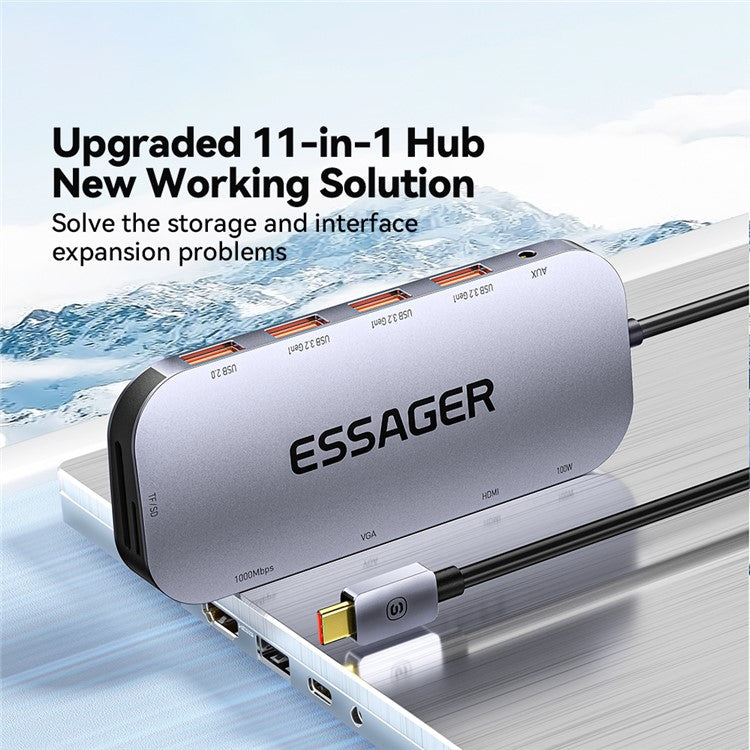 ESSAGER 11-in-1 Multi-Port USB Hub 4K HD PD 100W Fast Charging Docking Station Support TF / SD Card Reader