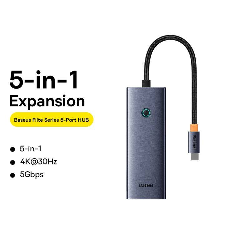BASEUS BS-OH110 5-In-1 Type-C Hub USB-C Extension Dock to HD 4K 30Hz Video Output, 4xUSB 3.0 for Laptop Computer - Space Grey