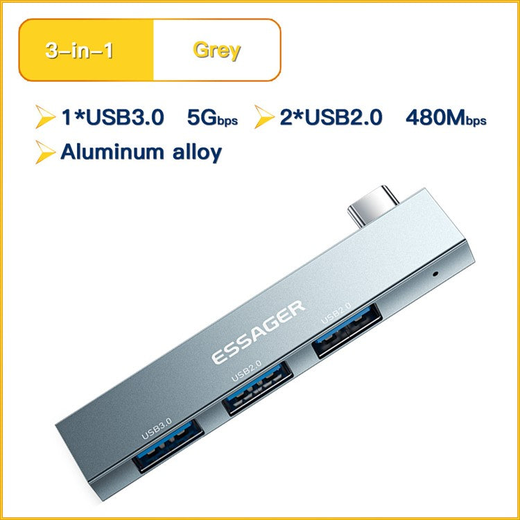 ESSAGER 3-in-1 USB Hub Splitter 1 USB3.0 + 2 USB2.0 Ports Aluminum Alloy Adapter for Type-C Tablet Laptop - Grey