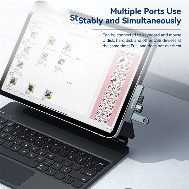 ESSAGER 3-in-1 USB Hub Splitter 1 USB3.0 + 2 USB2.0 Ports Aluminum Alloy Adapter for Type-C Tablet Laptop - Grey