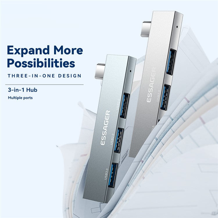 ESSAGER 3-in-1 USB Hub Splitter 1 USB3.0 + 2 USB2.0 Ports Aluminum Alloy Adapter for Type-C Tablet Laptop - Grey