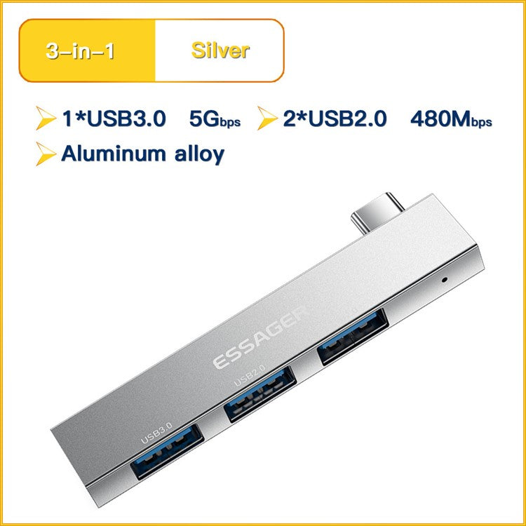 ESSAGER 3-in-1 USB Hub Splitter 1 USB3.0 + 2 USB2.0 Ports Aluminum Alloy Adapter for Type-C Tablet Laptop - Silver