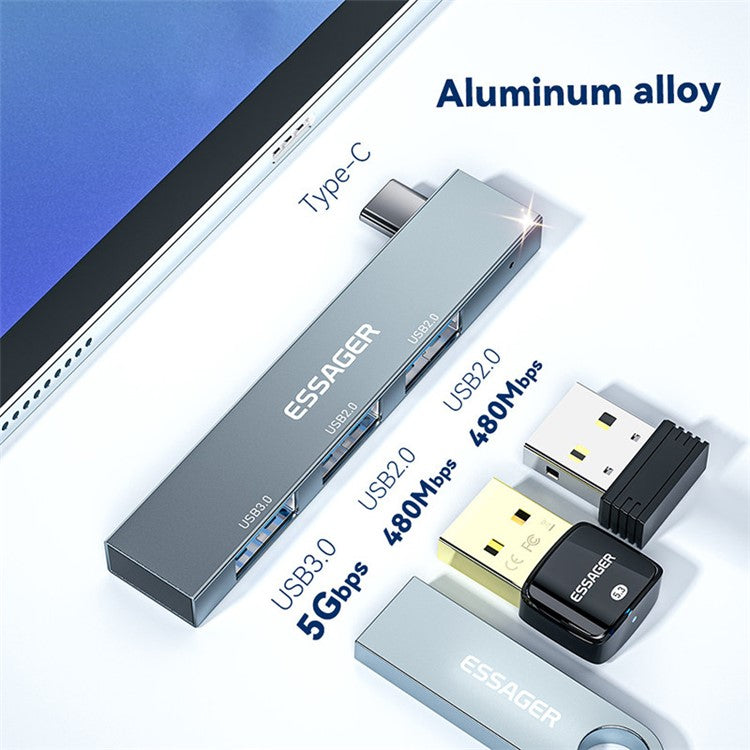 ESSAGER 3-in-1 USB Hub Splitter 1 USB3.0 + 2 USB2.0 Ports Aluminum Alloy Adapter for Type-C Tablet Laptop - Silver