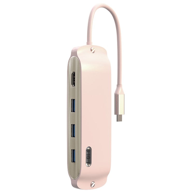 BS8H Type-C Hub Converter to PD+USB 3.0+2xUSB 2.0+HD Video Output Port+2 Card Reader Slots+RJ45 - Pink