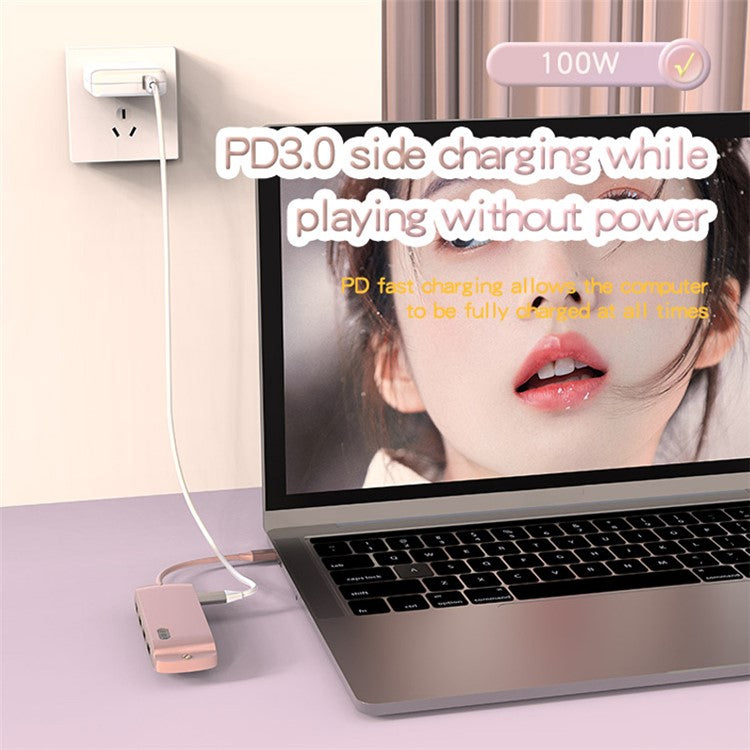 BS8H Type-C Hub Converter to PD+USB 3.0+2xUSB 2.0+HD Video Output Port+2 Card Reader Slots+RJ45 - Pink