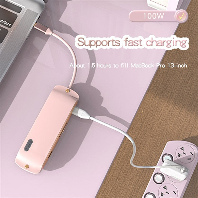 BS8H Type-C Hub Converter to PD+USB 3.0+2xUSB 2.0+HD Video Output Port+2 Card Reader Slots+RJ45 - Pink