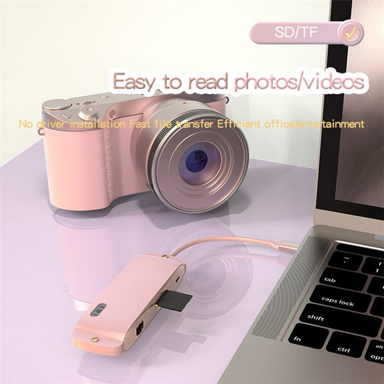 BS8H Type-C Hub Converter to PD+USB 3.0+2xUSB 2.0+HD Video Output Port+2 Card Reader Slots+RJ45 - Pink