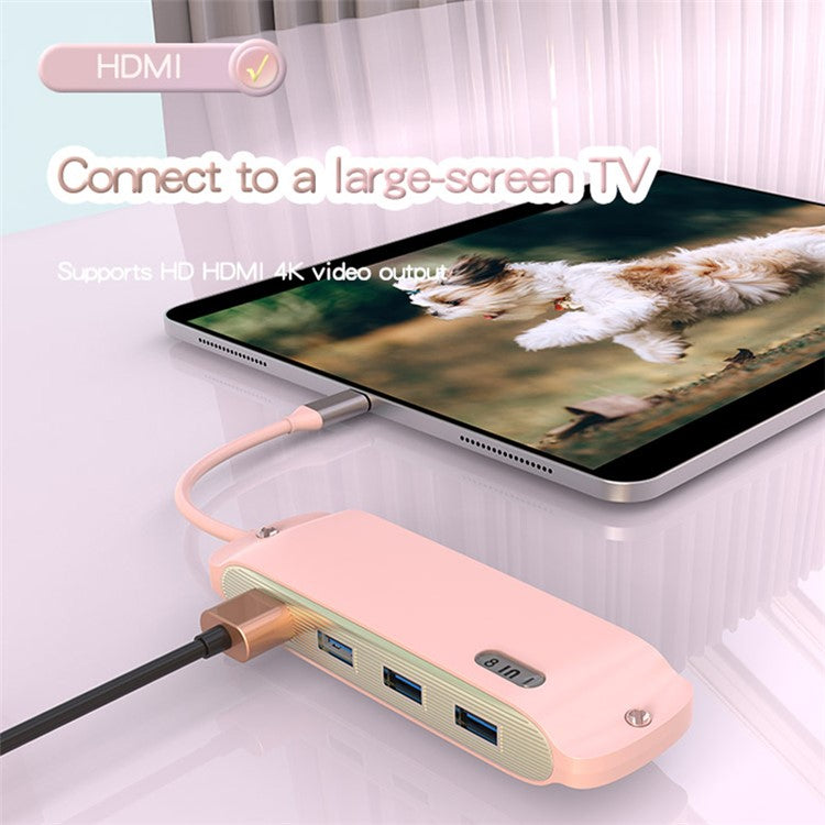 BS8H Type-C Hub Converter to PD+USB 3.0+2xUSB 2.0+HD Video Output Port+2 Card Reader Slots+RJ45 - Pink