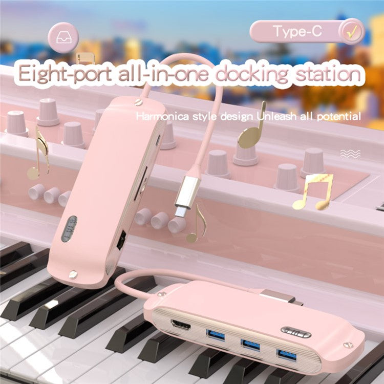 BS8H Type-C Hub Converter to PD+USB 3.0+2xUSB 2.0+HD Video Output Port+2 Card Reader Slots+RJ45 - Navy Blue