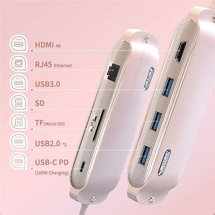 BS8H Type-C Hub Converter to PD+USB 3.0+2xUSB 2.0+HD Video Output Port+2 Card Reader Slots+RJ45 - Navy Blue