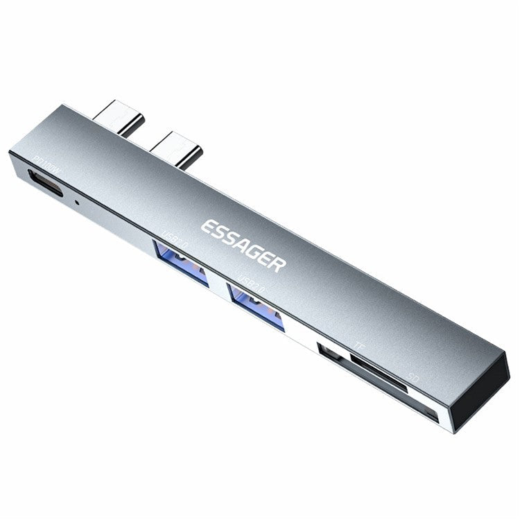 ESSAGER For MacBook Laptop 5-Port Type-C Hub Dock Adapter to PD 100W Fast Charging+2xUSB 2.0+2 Card Reader Slots - Grey