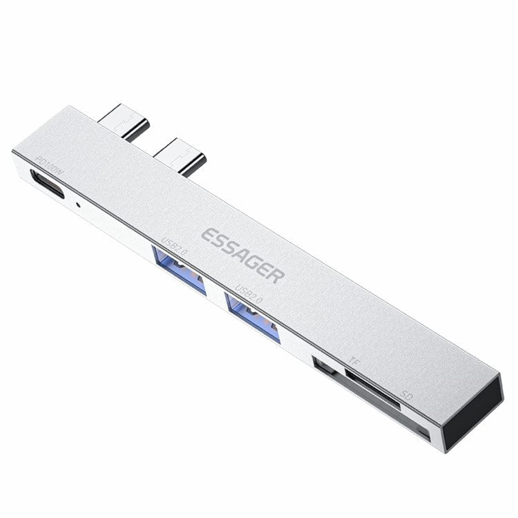ESSAGER For MacBook Laptop 5-Port Type-C Hub Dock Adapter to PD 100W Fast Charging+2xUSB 2.0+2 Card Reader Slots - Silver