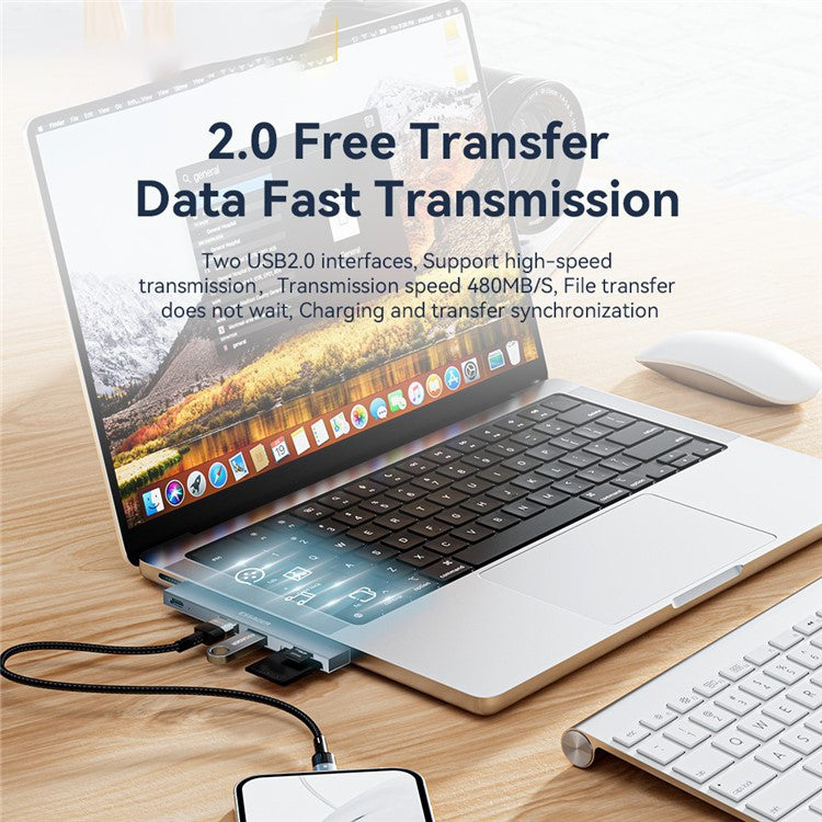 ESSAGER For MacBook Laptop 5-Port Type-C Hub Dock Adapter to PD 100W Fast Charging+2xUSB 2.0+2 Card Reader Slots - Silver