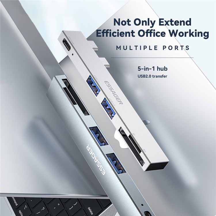 ESSAGER For MacBook Laptop 5-Port Type-C Hub Dock Adapter to PD 100W Fast Charging+2xUSB 2.0+2 Card Reader Slots - Silver