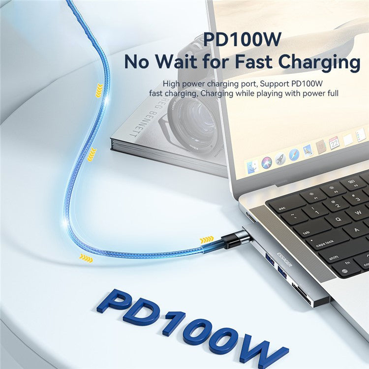 ESSAGER For MacBook Laptop 5-Port Type-C Hub Dock Adapter to PD 100W Fast Charging+2xUSB 2.0+2 Card Reader Slots - Silver