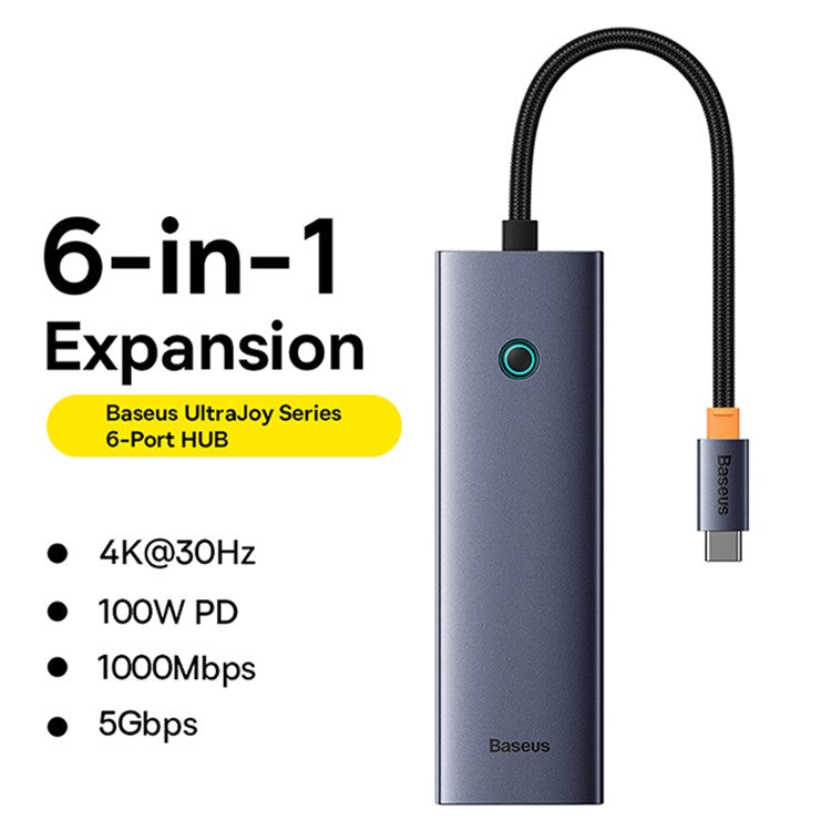 BASEUS UltraJoy Series 6 Port Hub Docking Station (Type-C to HD 4K@30Hz*1+USB 3.0*3+PD*1+RJ45*1) - Space Grey