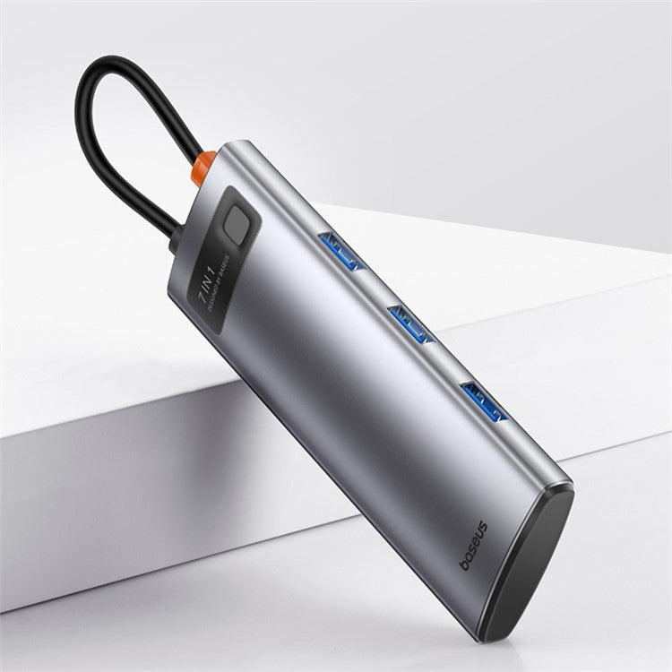 BASEUS Metal Gleam Series 7-Port Type-C Hub Adapter USB-C to HD 4K / 60Hz+3 USB3.0+PD+SD / TF Mini Docking Station - Space Grey