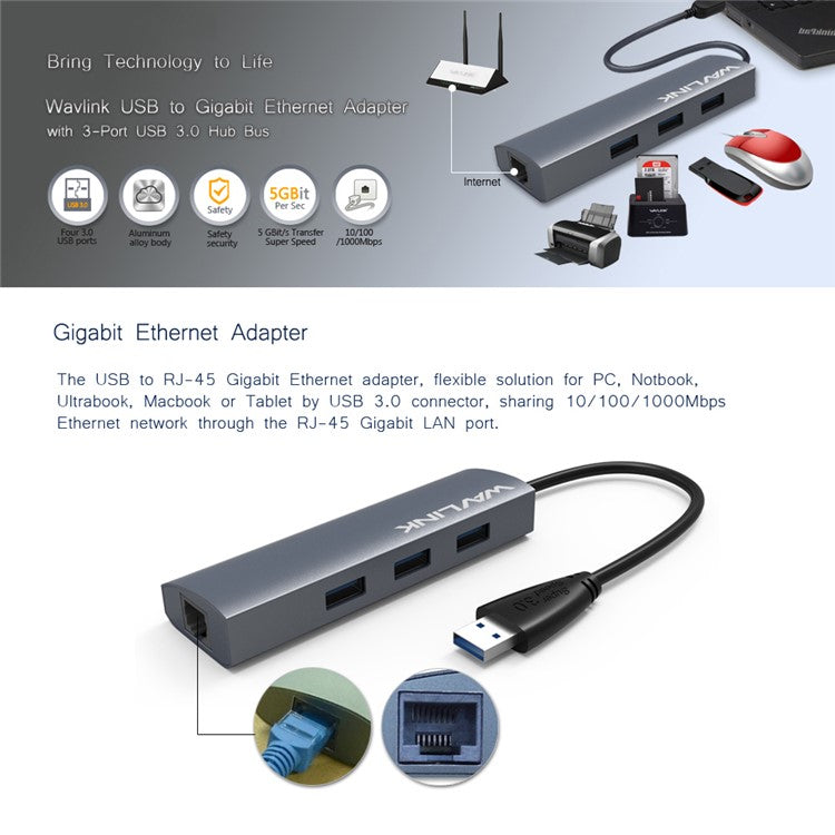 WAVLINK UH3031G USB 3.0 Docking Station 4-Port Hub Adapter USB to RJ45 Gigabit External Splitter Converter