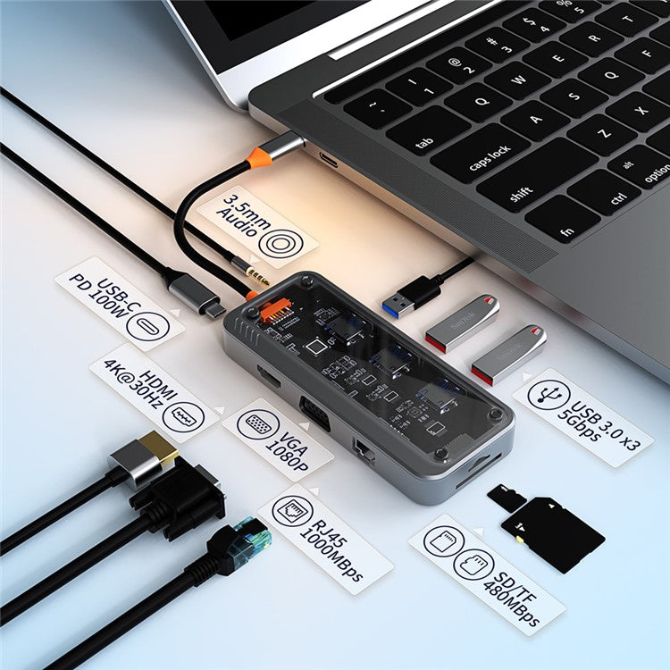 SW10V-Pro 10-in-1 Docking Station Dongle Type-C to PD+HD+USB3.0x3+SD+TFRJ45+VGA+3.5mm Audio Hub