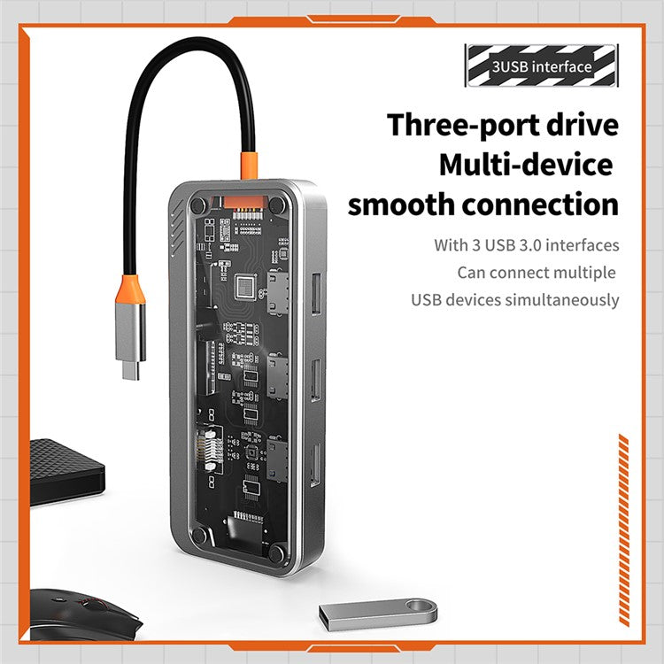 SW10V-Pro 10-in-1 Docking Station Dongle Type-C to PD+HD+USB3.0x3+SD+TFRJ45+VGA+3.5mm Audio Hub