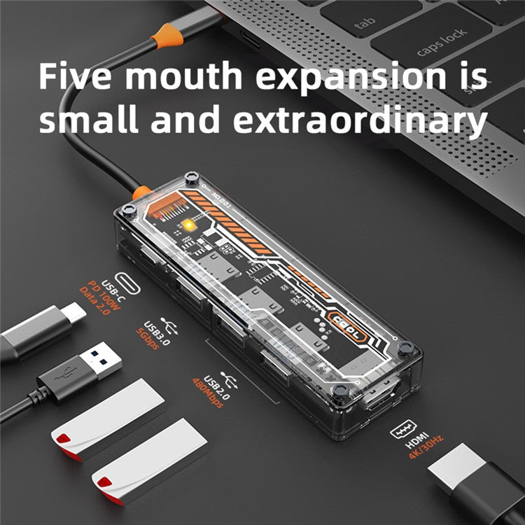 SW5H 5 Ports Type-C Hub Adapter Type-C to Type-C PD Fast Charge+USB 3.0+USB 2.0x2+HD Dock Station Clear Converter