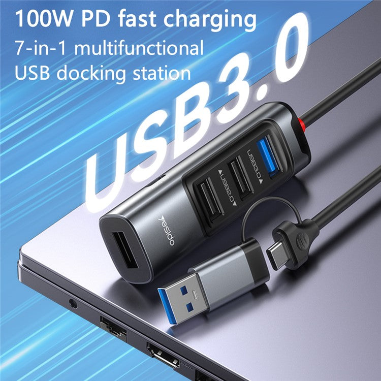 YESIDO HB20 USB + Type C Hub Adapter Converter with USB 3.0 + 3xUSB 2.0 + PD 100W USB-C Ports