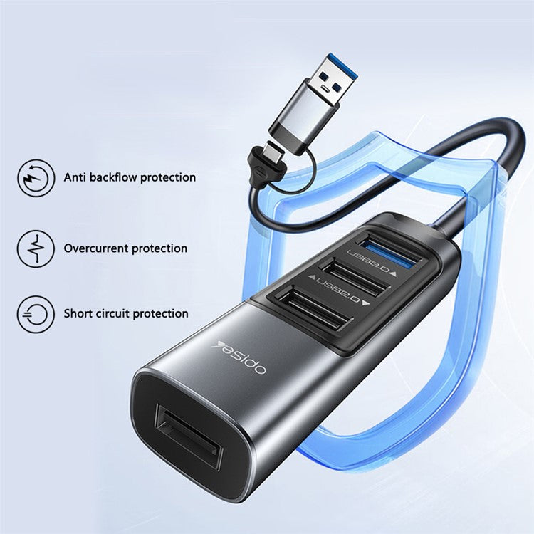 YESIDO HB20 USB + Type C Hub Adapter Converter with USB 3.0 + 3xUSB 2.0 + PD 100W USB-C Ports