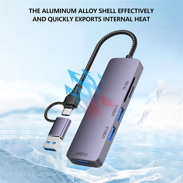 T235 Multi-Port Hub USB+Type-C 3.0 Adapter to 3xUSB 3.0+2xCard Reader Slots