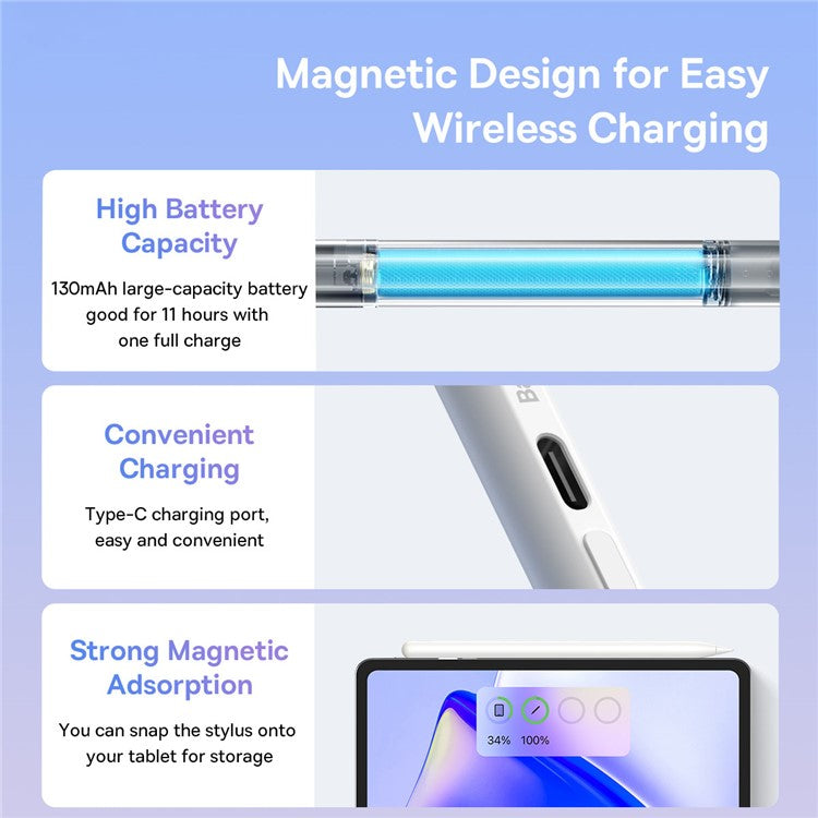 BASEUS Smooth Writing 2 Series Stylus with LED Indicator, Capacitive Touch Screen Pencil with Nib, Type-C Cable (Active Bluetooth Version)