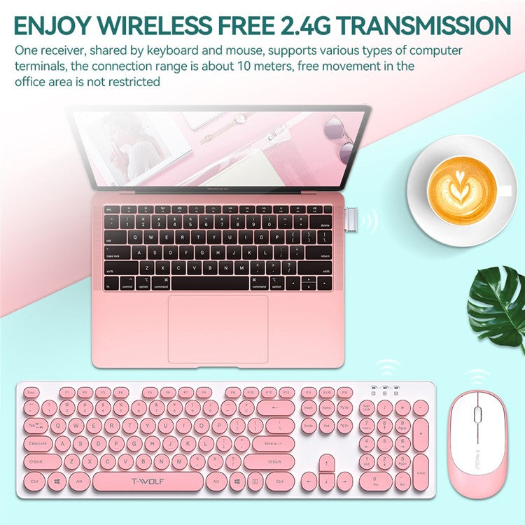 T-WOLF TF770 Wireless Keyboard and Mouse Combo 104 Key Low-Noise Keyboard with Cute Keycaps - Baby Blue