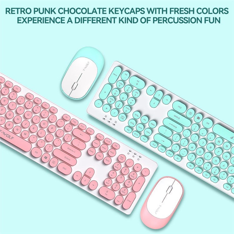 T-WOLF TF770 Wireless Keyboard and Mouse Combo 104 Key Low-Noise Keyboard with Cute Keycaps - Pink