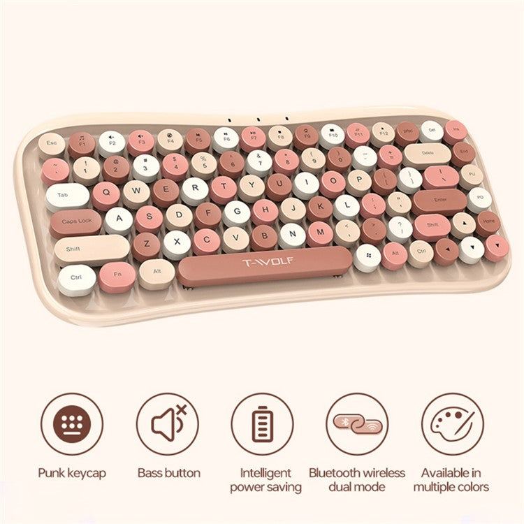 T-WOLF TF660 Bluetooth5.0 / 2.4G Dual Mode Wireless Keyboard Mouse Set Round Keycap Keyboard - Pink