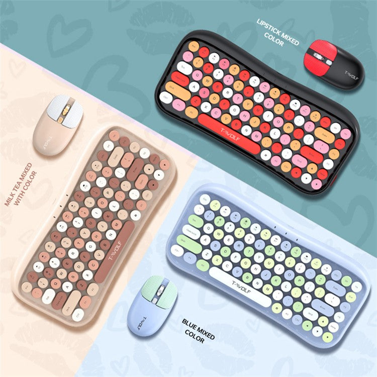 T-WOLF TF660 Bluetooth5.0 / 2.4G Dual Mode Wireless Keyboard Mouse Set Round Keycap Keyboard - Pink