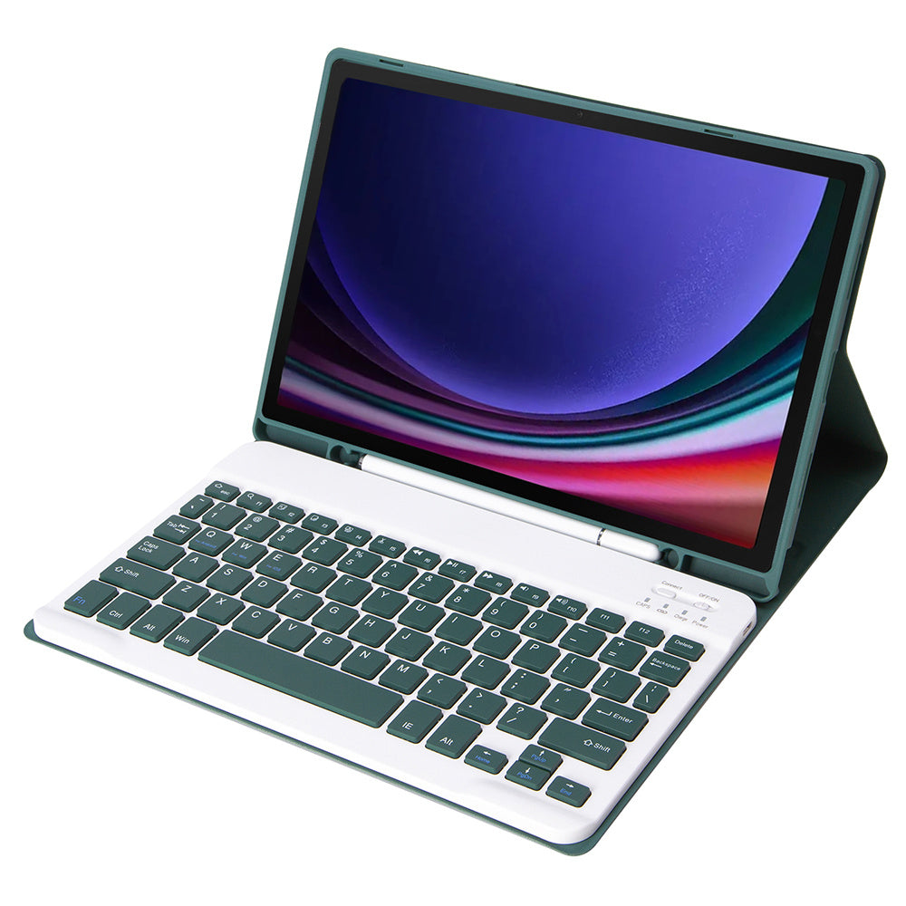 A710B For Samsung Galaxy Tab S9 FE X510 / X516 Pen Holder Leather Stand Cover + Bluetooth Keyboard - Dark Green