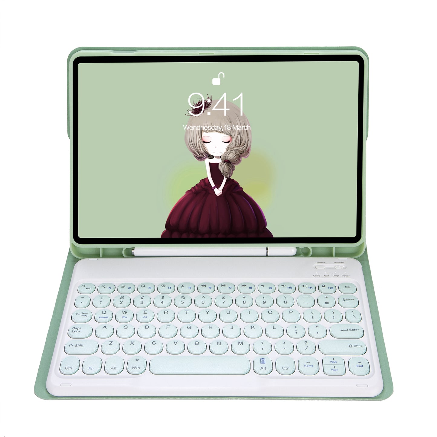 YA710B For Samsung Galaxy Tab S9 FE X510 / X516 Round Key Cap Bluetooth Keyboard TPU Tablet Case - Light Green