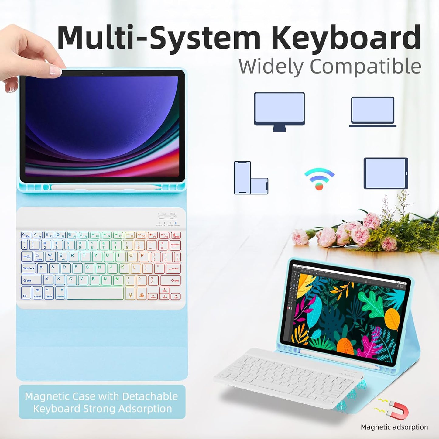 SD-X710 For Samsung Galaxy Tab S7 / S8 / S9 / S9 FE 11 inch PU Tablet Case Backlit Bluetooth Keyboard - Baby Blue